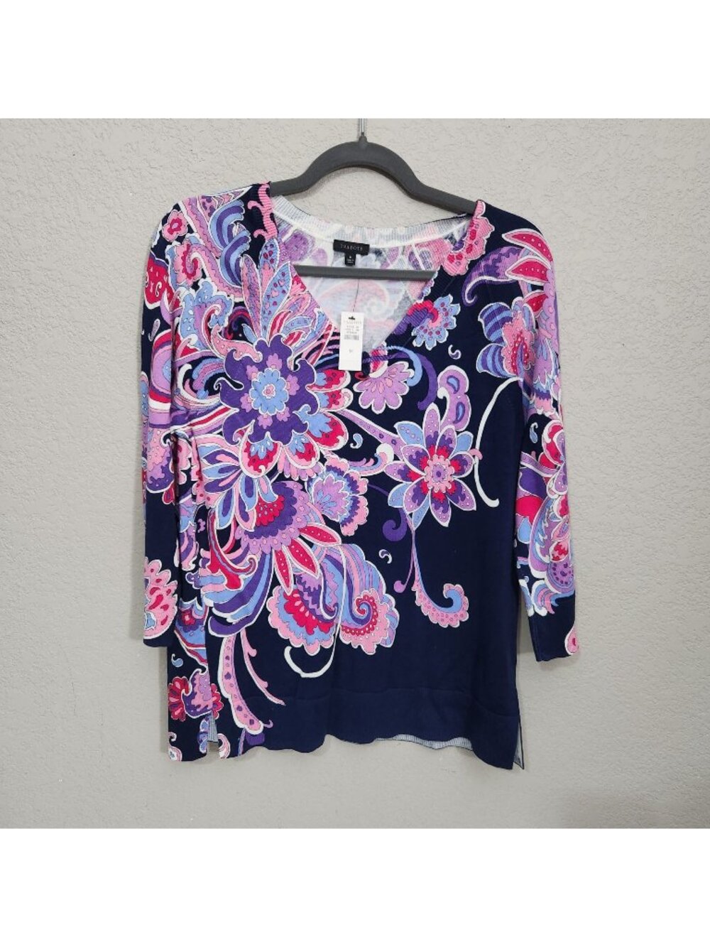 Talbots Womens Floral Paisley Three-Quarter Sleeve Sweater Navy Multicolor Mediu